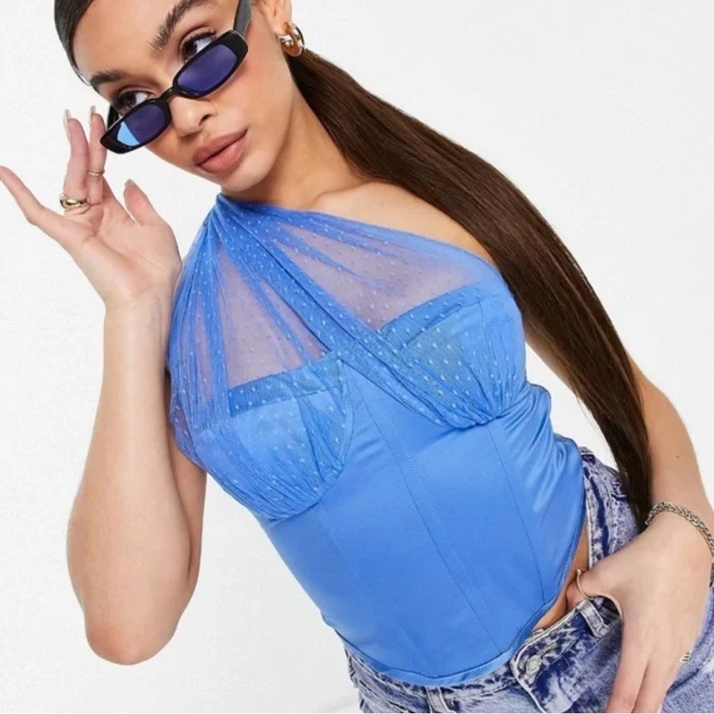 New! ASYOU Blue Mesh Asymmetric One Shoulder Corset Top Size 6 Side Zip